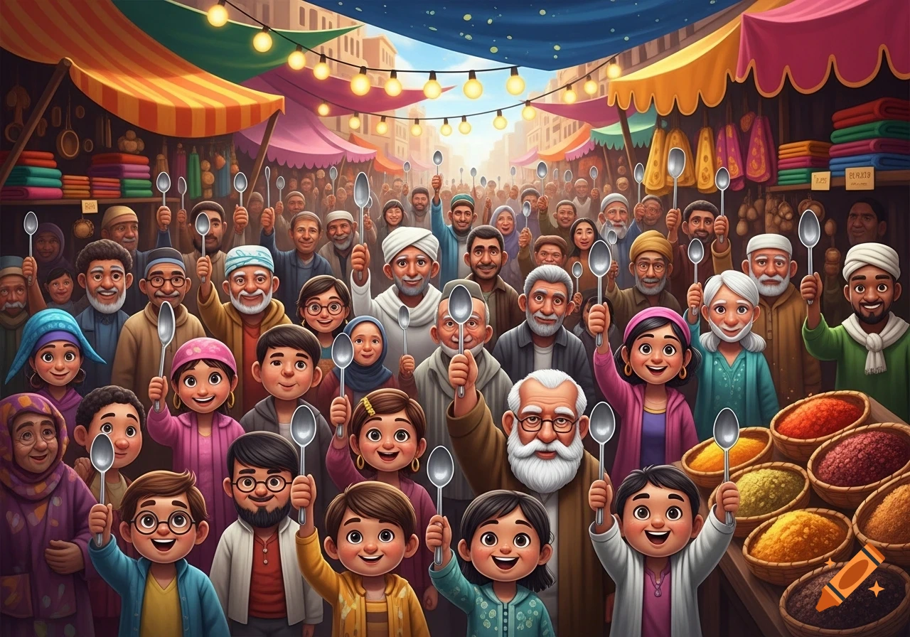 A diverse crowd of stylized people, including men, women, and children, smiling and raising spoons in a vibrant marketplace.