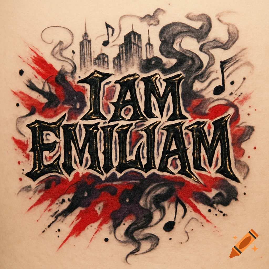 Stylized tattoo design with 'I AM EMILIAM' in gothic font, set against a red and black splatter background with a city silhouette and musical notes.