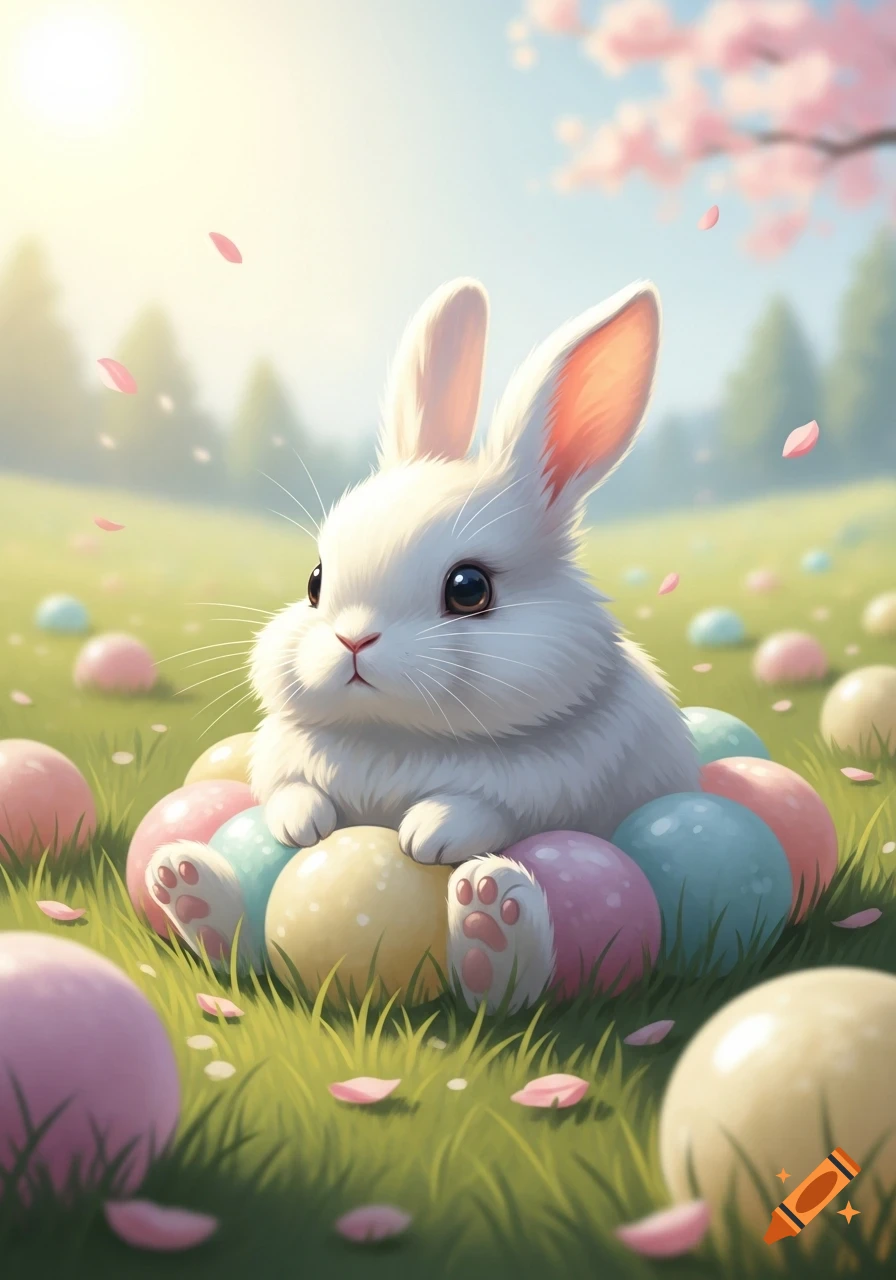 A fluffy white bunny sits among pastel Easter eggs in a sunny spring field with falling cherry blossoms.
