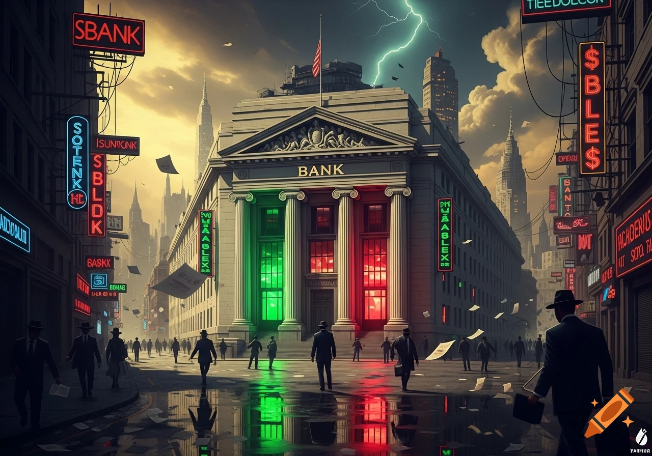 A stylized cityscape at dusk or night, featuring a grand bank building with green and red lighted windows, surrounded by neon signs and people walking on wet streets. Lightning strikes in the stormy sky.