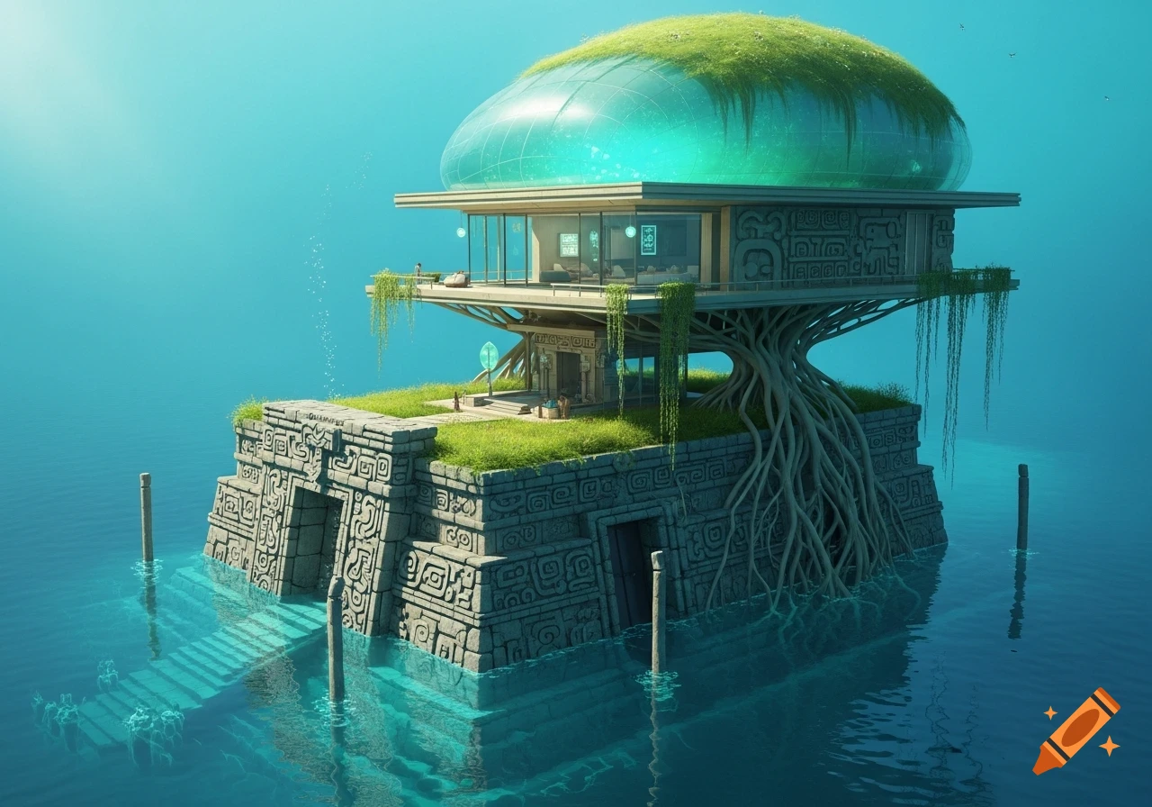 A vibrant fantasy solarpunk house on turquoise water, featuring a Mayan-inspired stone base, intricate roots, and a glass dome with a green roof.