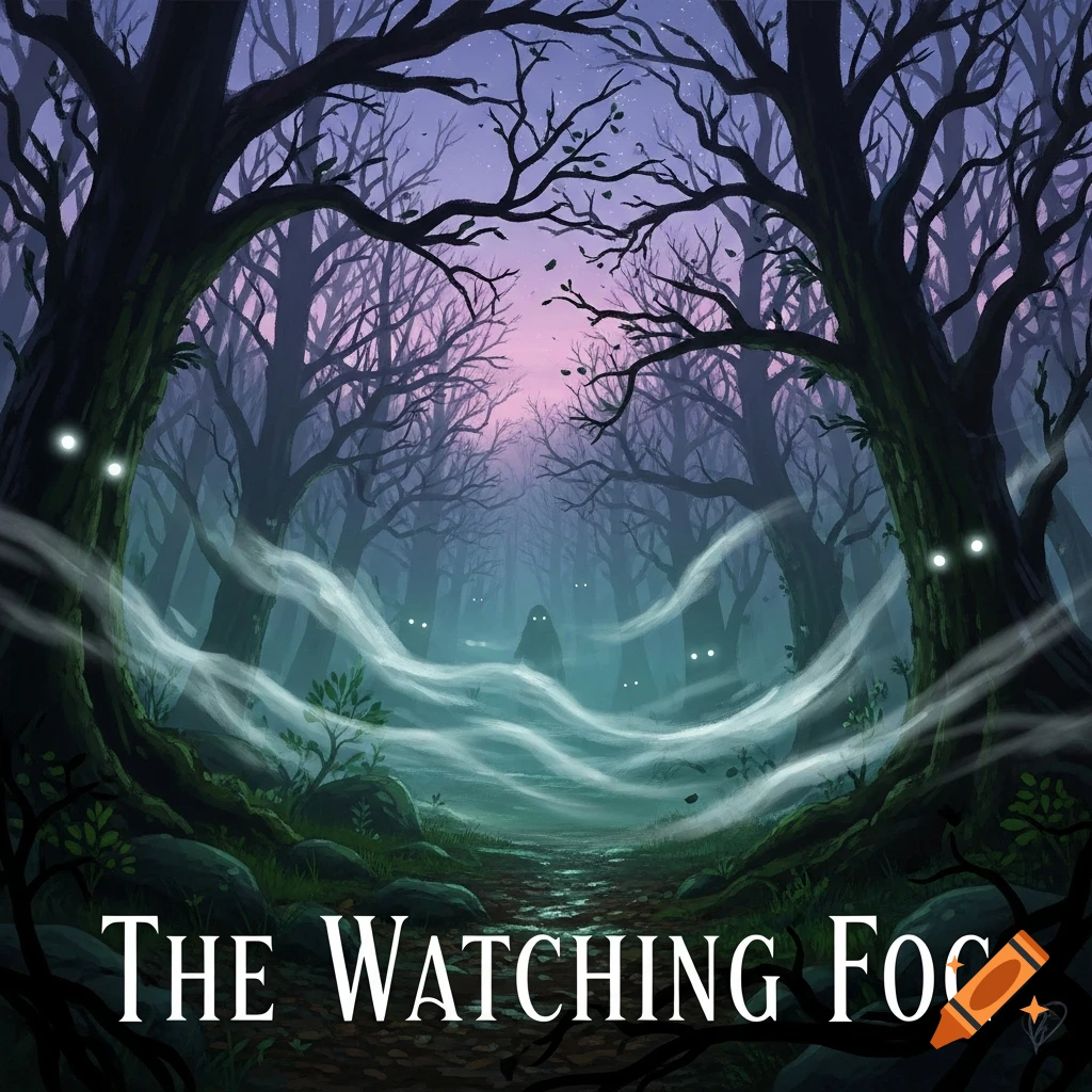 A dark, foggy forest path at twilight with glowing eyes and shadowy figures, text 'THE WATCHING FOG' at bottom.