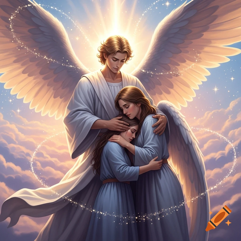 A male angel with large white wings comforts a woman and a child in blue robes, glowing with light in a cloudy sky.