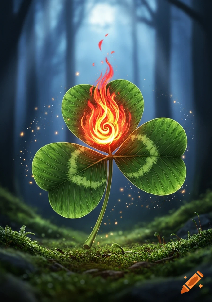 Vibrant illustration of a three-leaf clover with a fiery top leaf, glowing on a mossy forest floor.