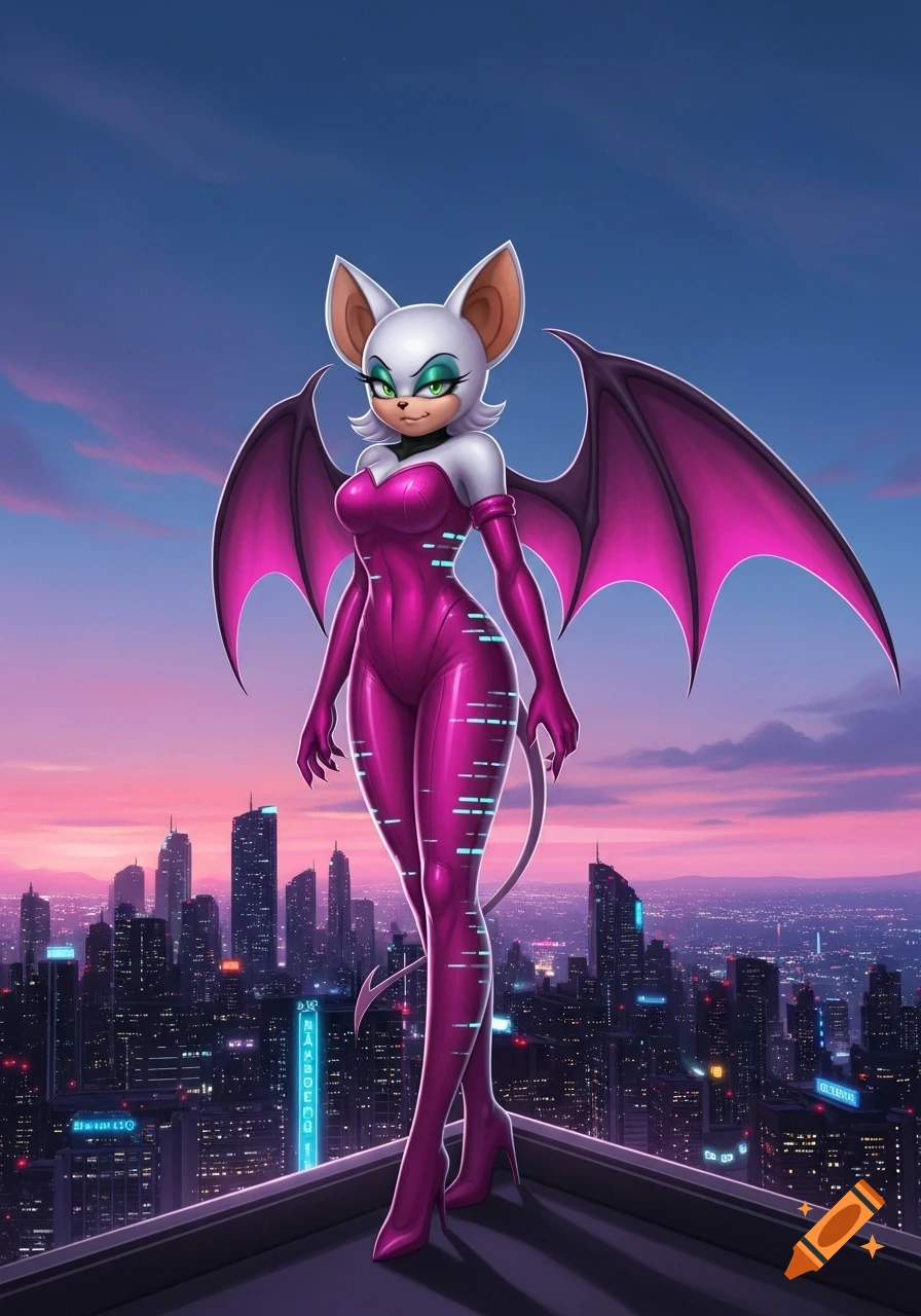 Rouge the Bat in a magenta bodysuit with large bat wings, standing on a rooftop overlooking a futuristic city at dusk.
