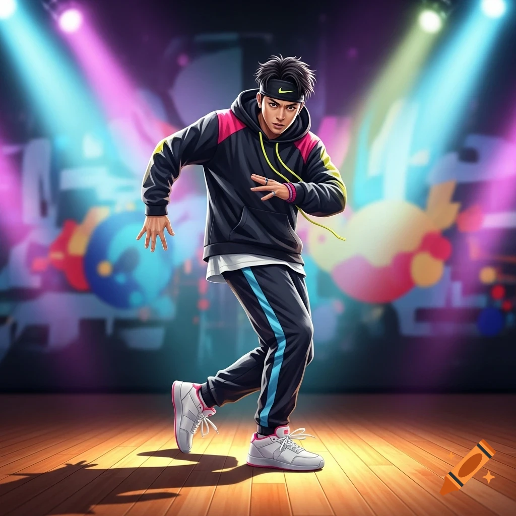 An anime-style character resembling Sae Itoshi dances on a wooden stage, lit by vibrant pink and blue spotlights, wearing a black and neon tracksuit and a headband.