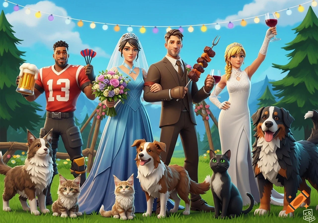 A Fortnite-style wedding party, with a groom, bride, groomsman, and bridesmaid celebrating outdoors with five pets (two dogs and three cats).