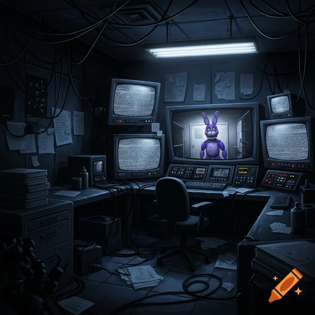 A dark, cluttered FNaF security office with multiple static-filled monitors. The central monitor displays Bonnie the animatronic rabbit standing in a doorway.