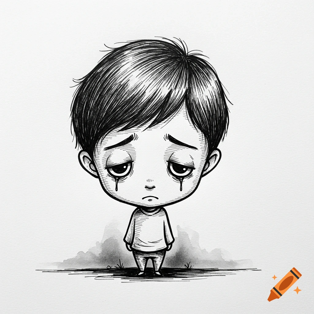 A black ink, hand-drawn illustration of a sad, big-headed boy with tears streaming down his face, standing looking down.
