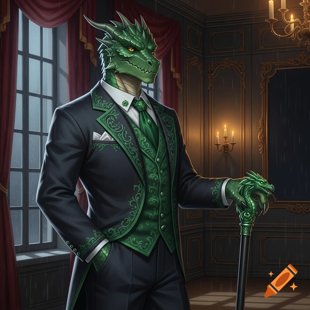 A dapper green dragonborn in a dark suit with green trim, holding a dragon-headed cane in an ornate room.