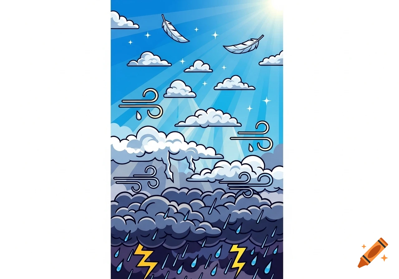 A vertical comic illustration showing a weather progression from bottom to top: stormy rain and lightning, to windy clouds with rain drops, to sunny blue sky with light clouds and feathers.