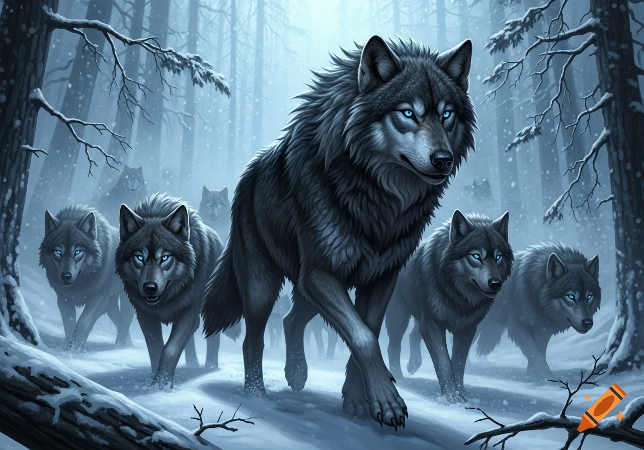 A pack of dark wolves with glowing blue eyes walks through a snowy, mystical forest with falling snow.