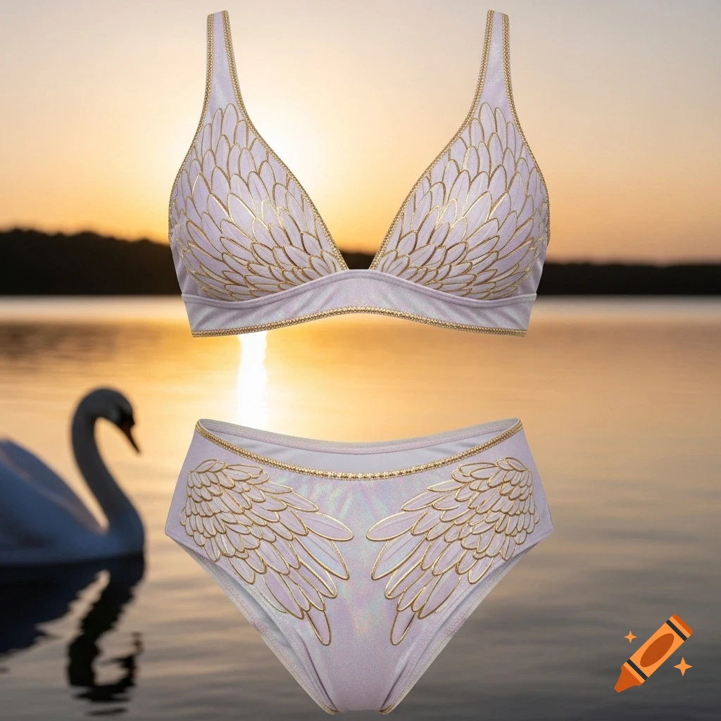 A white two-piece swimsuit with gold wing-like accents floats above a lake at sunset with a swan in the background.