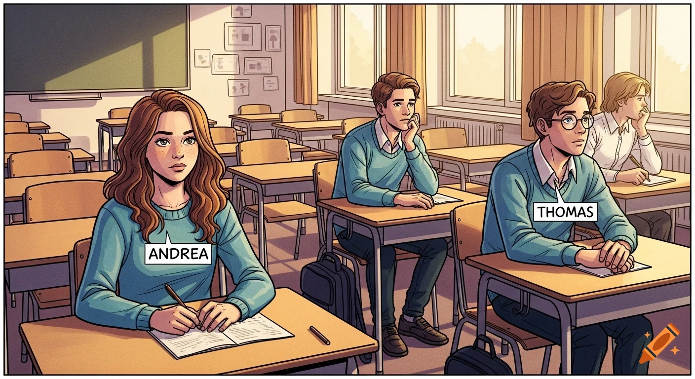 A comic book panel showing a high school classroom with students Andrea and Thomas at their desks in a modern European comic style.