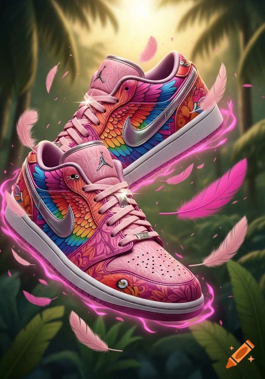 Vibrant pink Jordan 1 low-top sneakers with rainbow bird wing designs, glowing pink light, and feathers in a tropical setting.