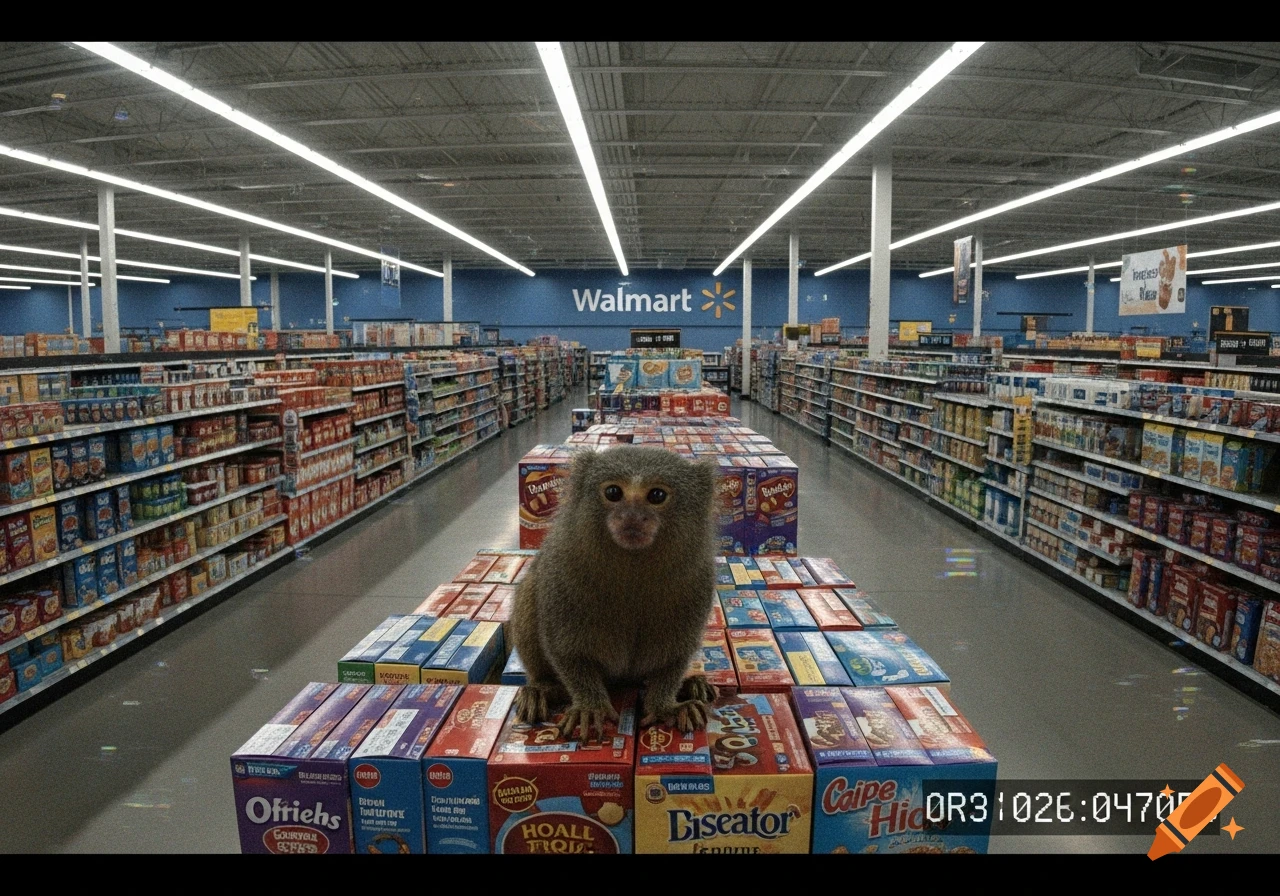 A pygmy marmoset sits on a stack of cereal boxes in the middle of a Walmart aisle, depicted as if viewed through a security camera.