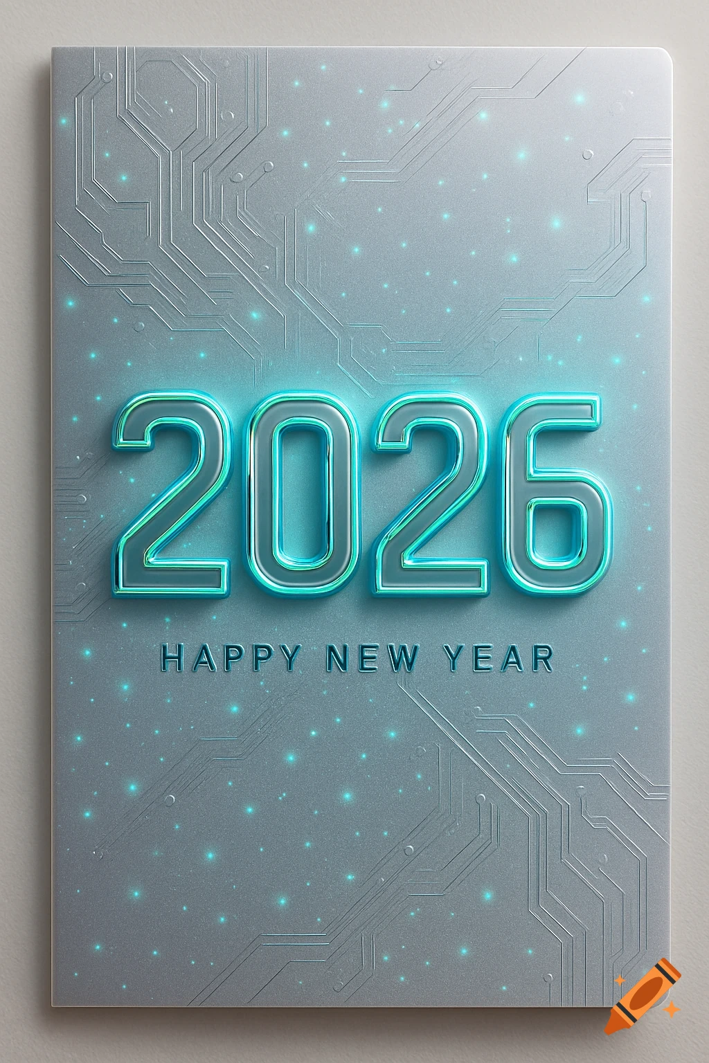 A technological-style greeting card with "2026 HAPPY NEW YEAR" in glowing aqua text over a circuit board pattern.