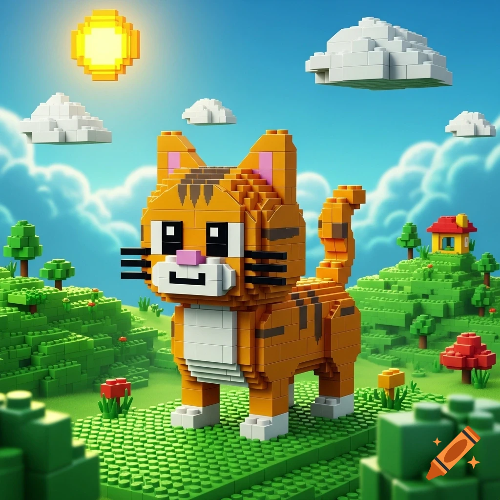 A large orange Lego cat with stripes stands in a bright, blocky green landscape under a blue sky with pixelated clouds and sun. A tiny house is on a distant hill.