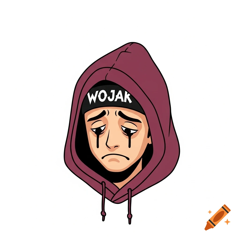 A sad Wojak cartoon character wearing a purple hoodie with 'WOJAK' on a black headband, crying black tears.