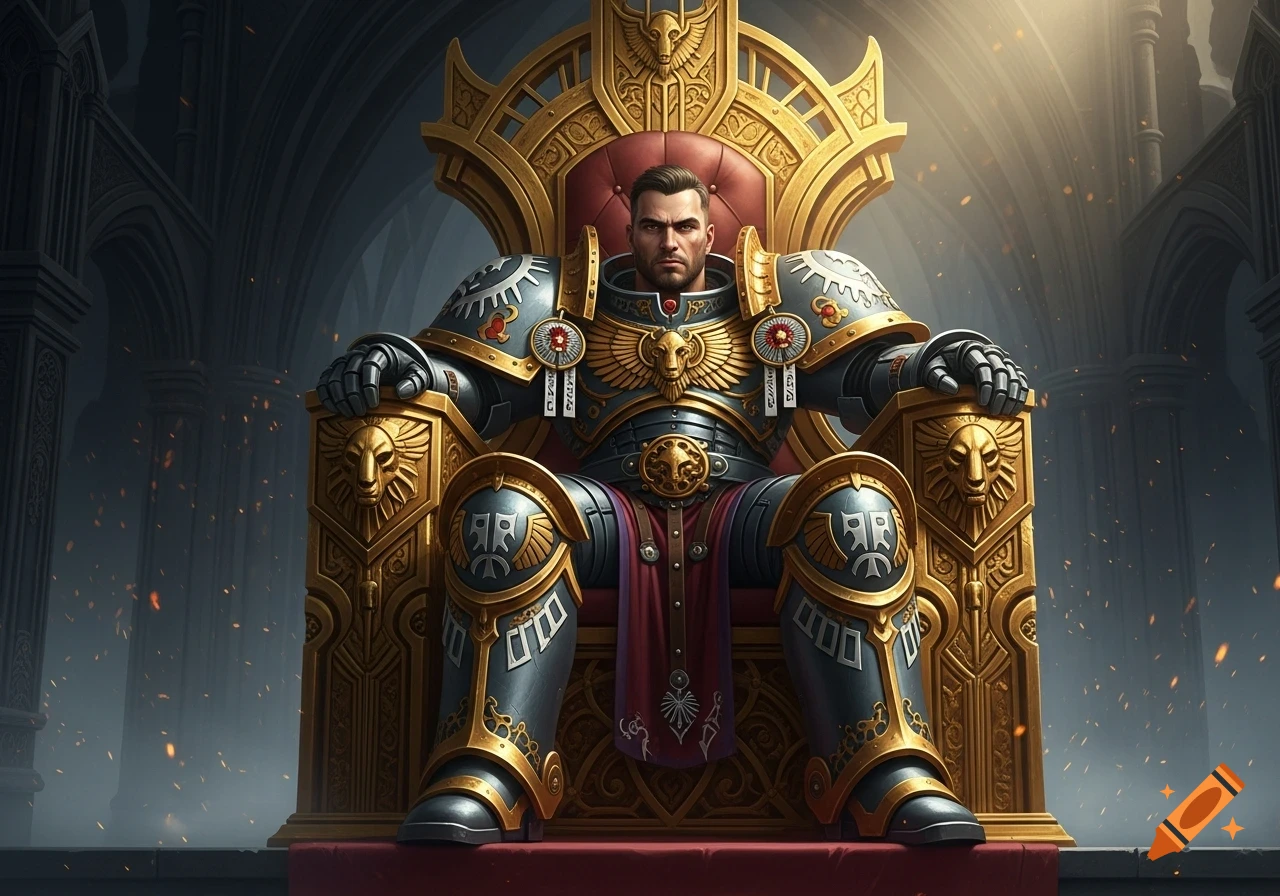 A stern man in ornate golden and grey power armor sits on a massive golden throne within a dark, grand hall.