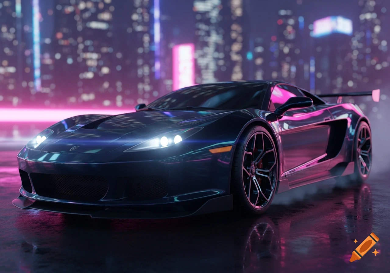 A sleek, dark sports car with bright headlights on a wet city street at night, reflecting neon pink and blue lights from skyscrapers.