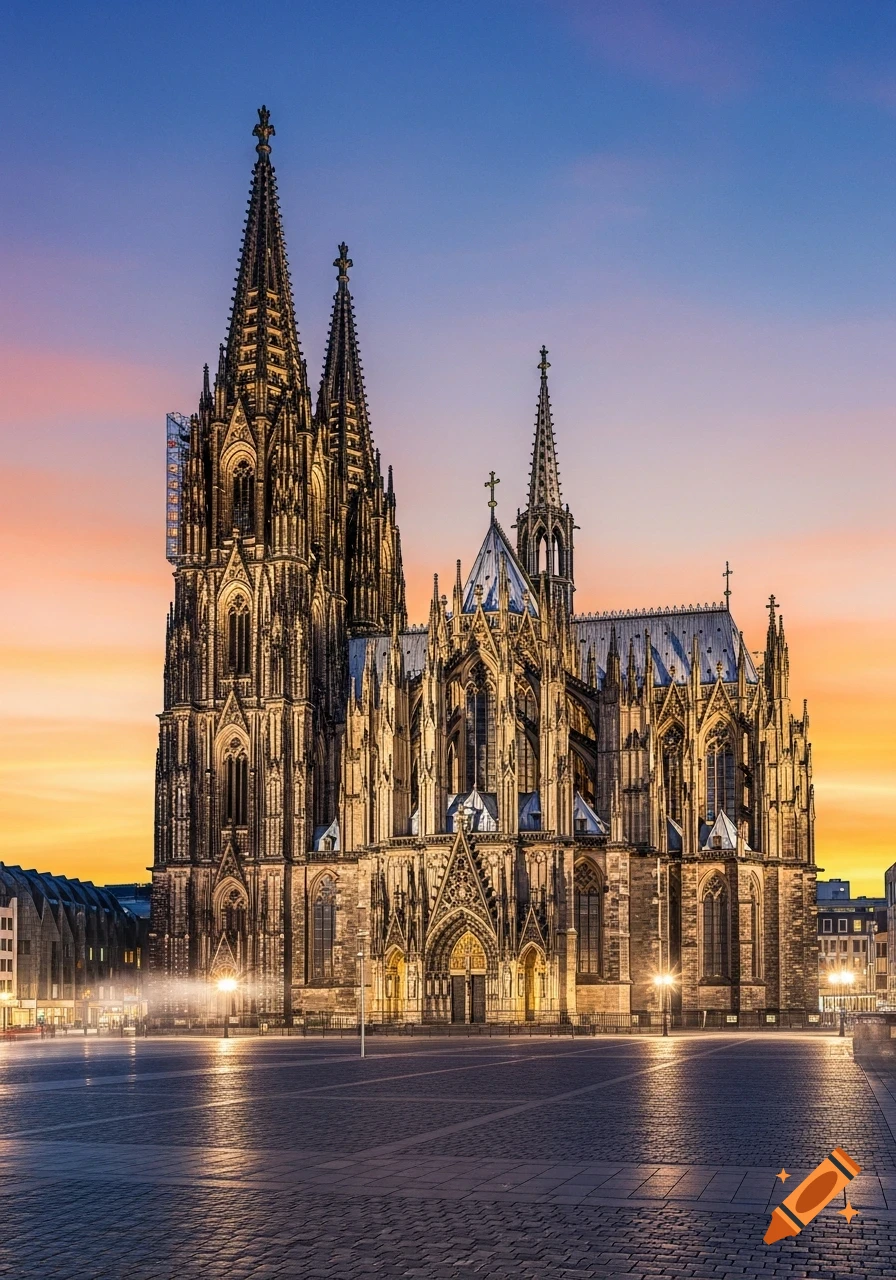 A dramatic, photorealistic image of the Cologne Cathedral at sunset. The gothic architecture is illuminated, set against an orange and blue sky.