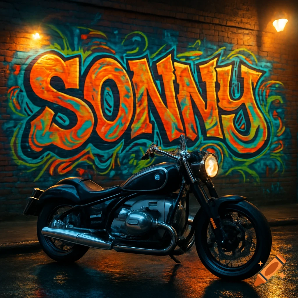 A black motorcycle parked on a wet street at night, in front of a brick wall covered in vibrant orange and blue graffiti spelling "SONNY".