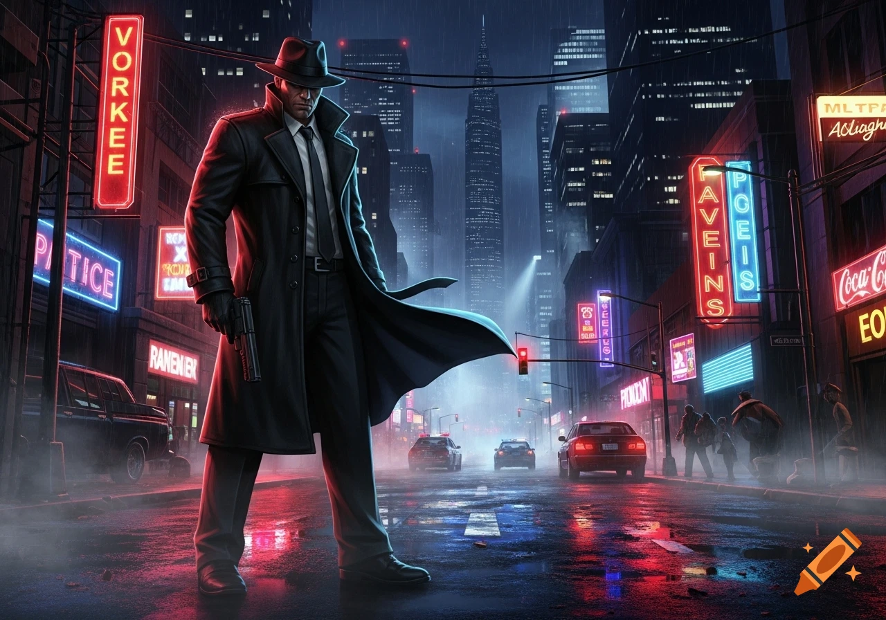 A man in a trench coat and fedora holds a pistol in a rainy, neon-lit city street at night, with towering buildings in the background.