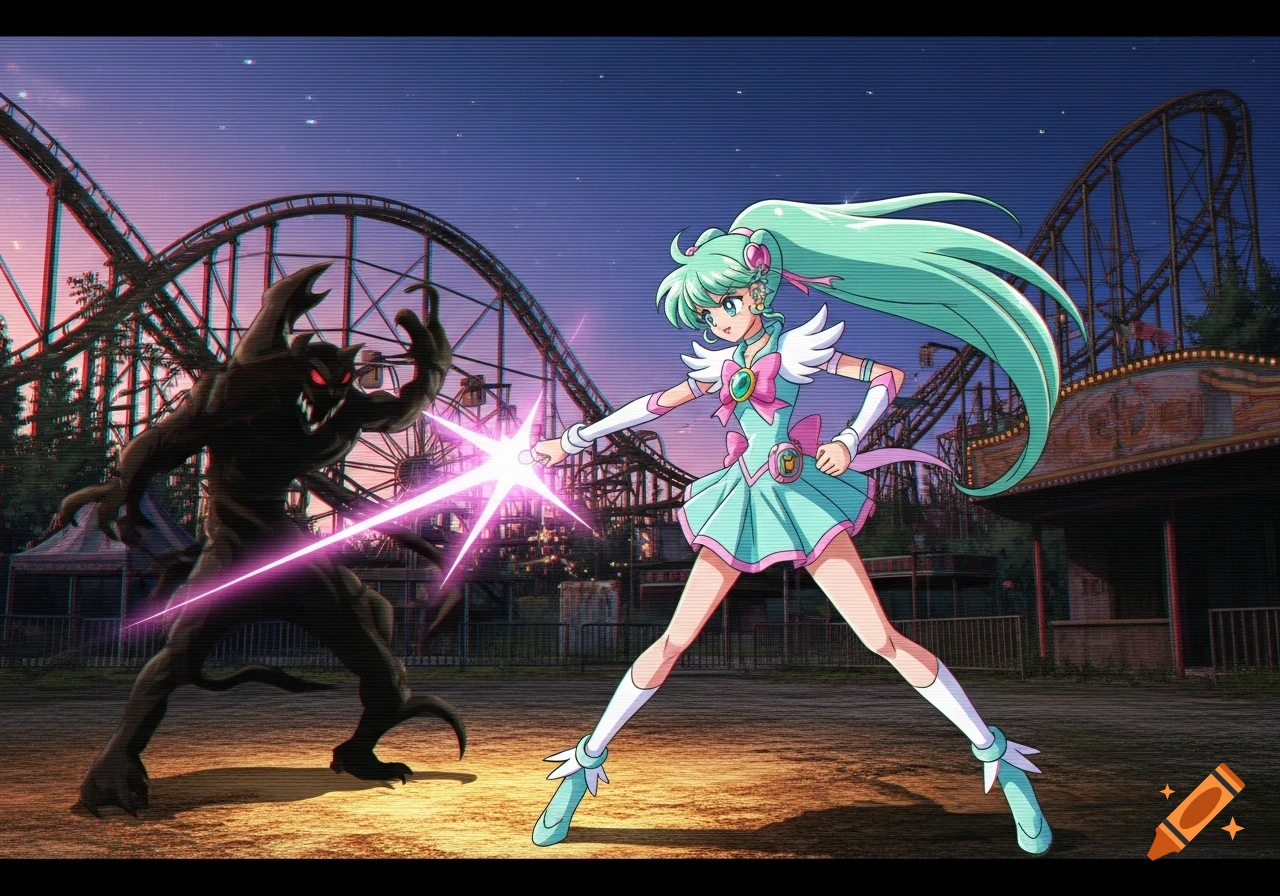 A retro anime magical girl fights a shadowy monster in an abandoned amusement park, with CRT scanlines.