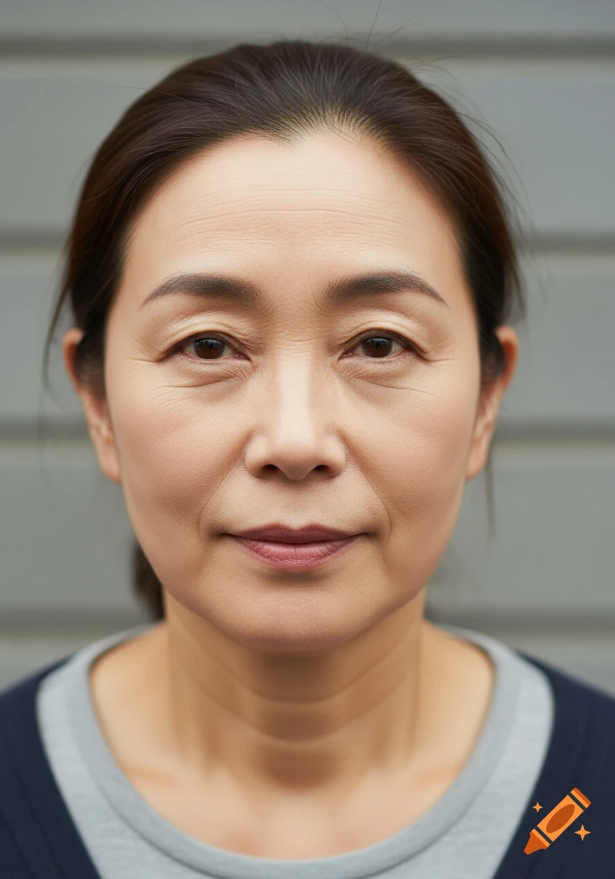 Photorealistic portrait of a mature East Asian woman with dark hair and a calm expression, wearing a gray shirt, against a striped wall.