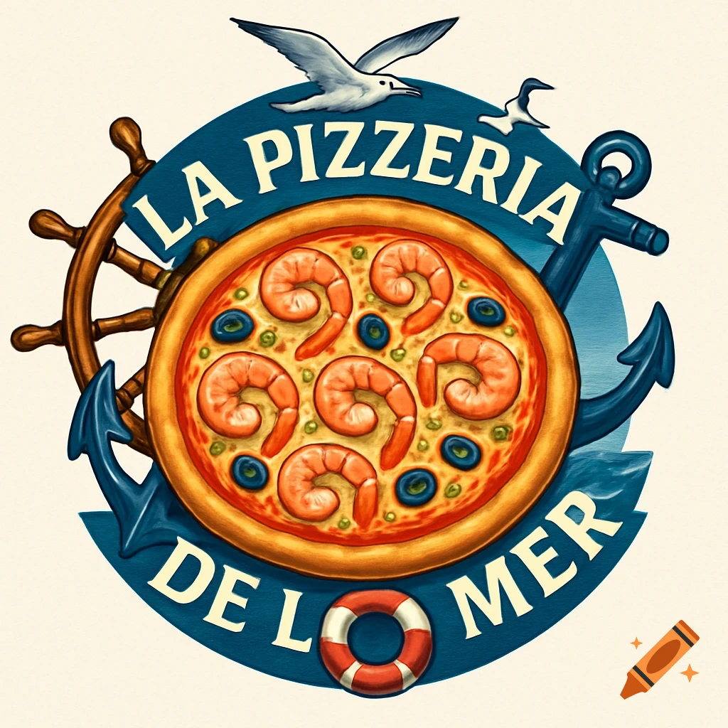 Pizzeria logo featuring a shrimp and olive pizza, ship's wheel, anchor, lifebuoy, and seagulls on a blue background, with 'La Pizzeria de la Mer' text.
