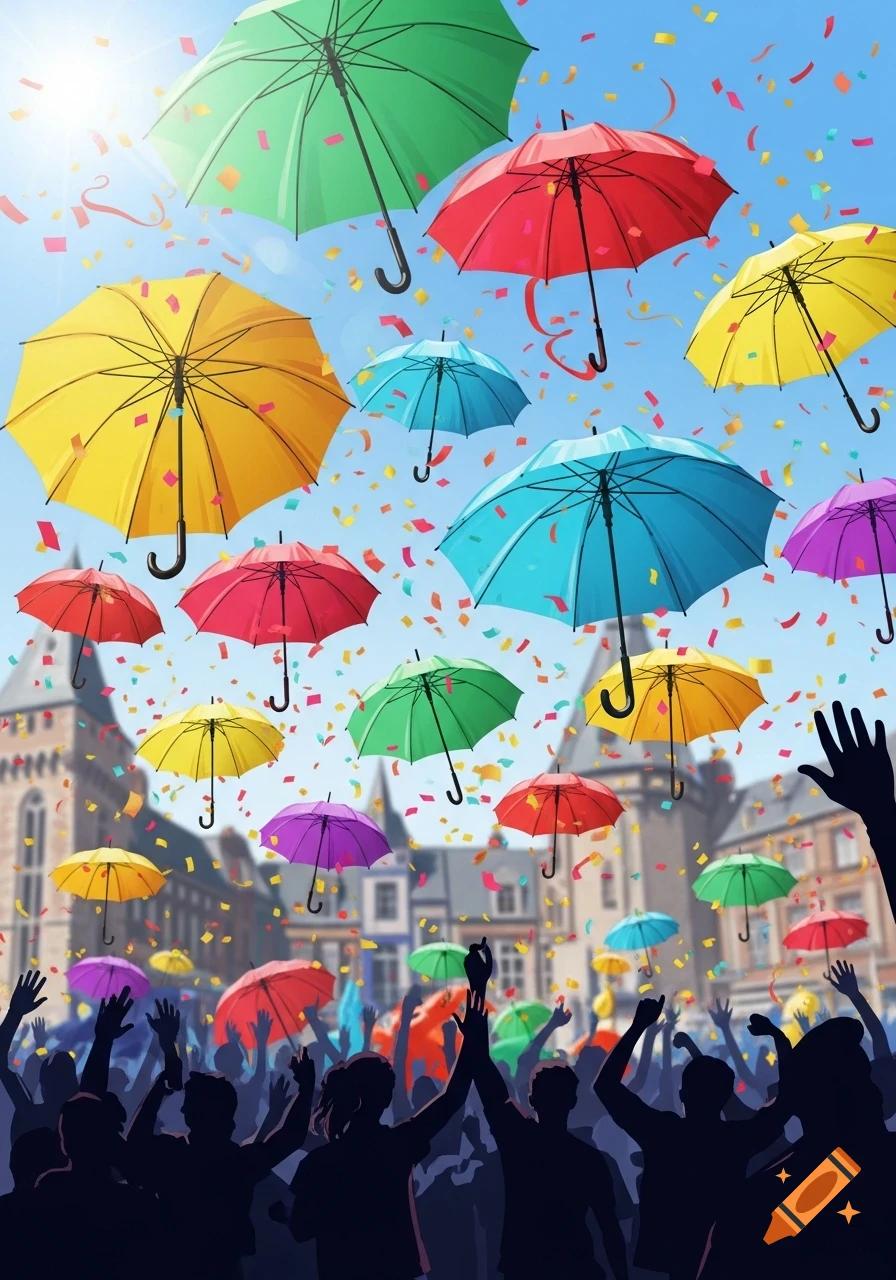 Silhouetted crowd celebrating under a sky filled with colorful open umbrellas and falling confetti, with blurred buildings in the background.