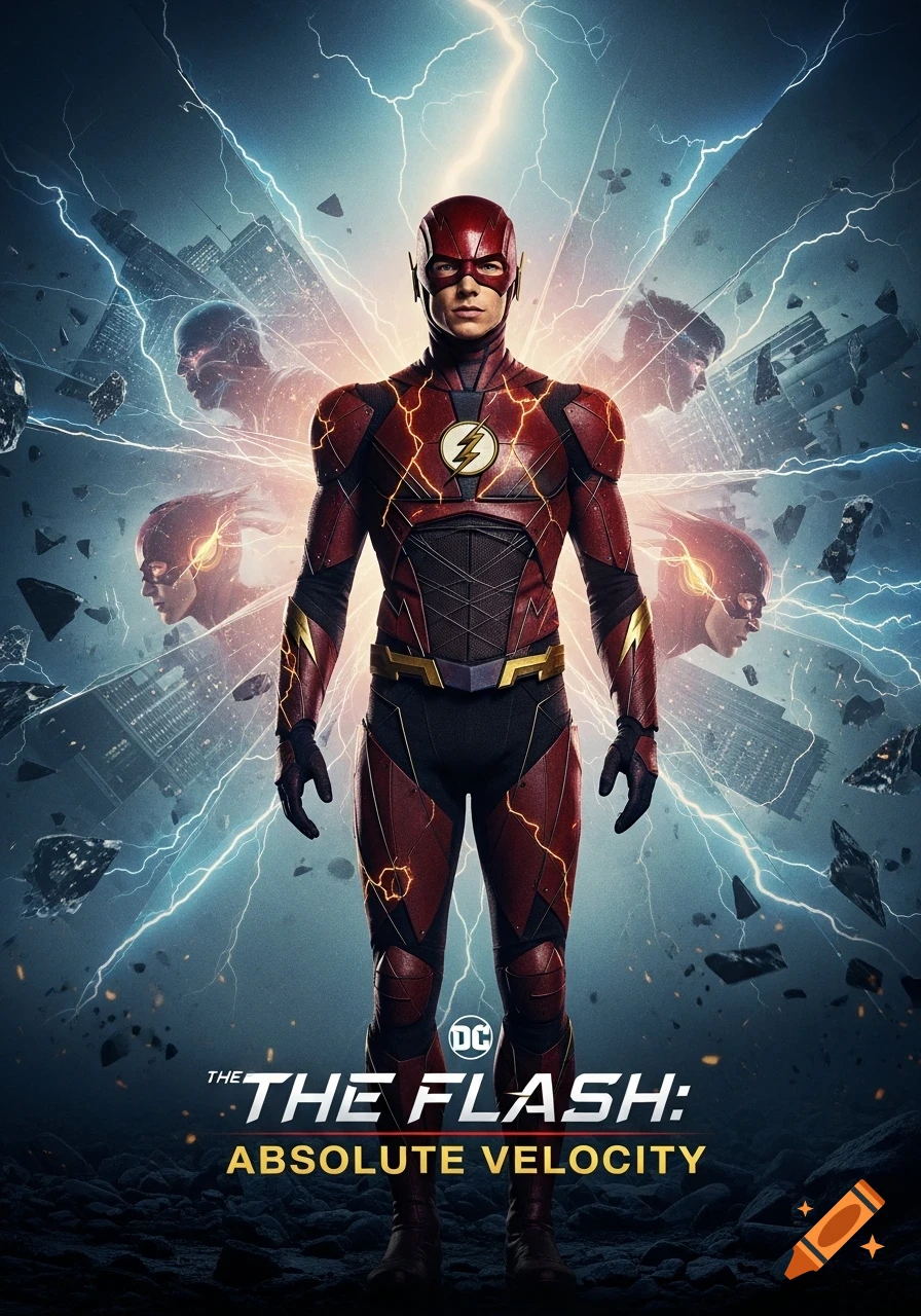 Cinematic movie poster of The Flash in a red suit, standing amidst a Speed Force storm with lightning, distorted cityscapes, and faint silhouettes. Text: THE FLASH: ABSOLUTE VELOCITY.