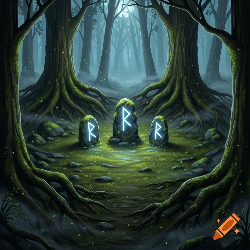 Dark fantasy art of a misty forest clearing with three glowing runic stones, encircled by gnarled tree roots and moss.