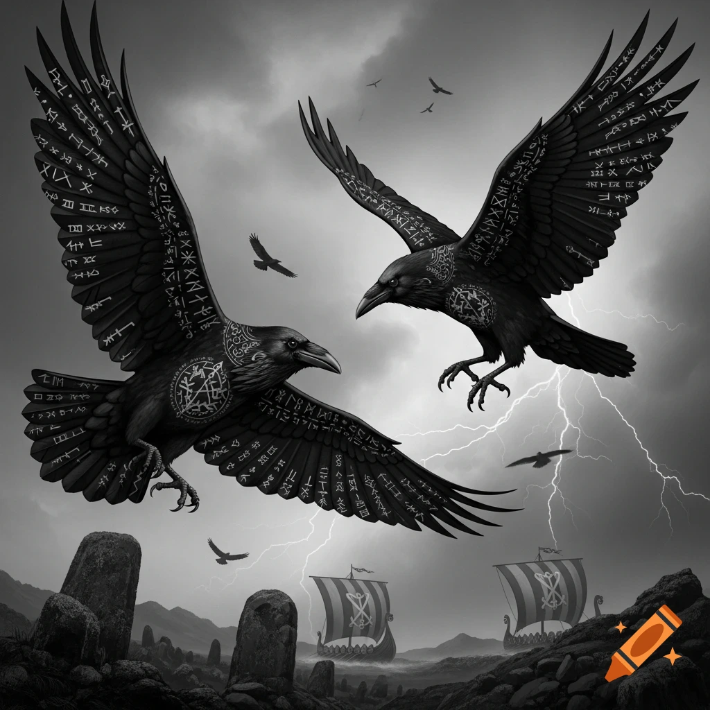 Two black ravens with rune symbols on wings fly through a stormy sky with lightning over Viking longships and standing stones, black and white fantasy style.