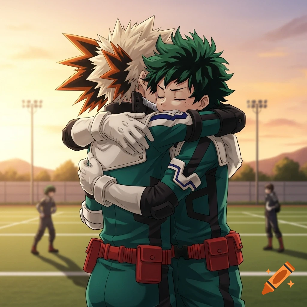 Anime characters Bakugo and Izuku Midoriya from My Hero Academia hug on a sports field at sunset.