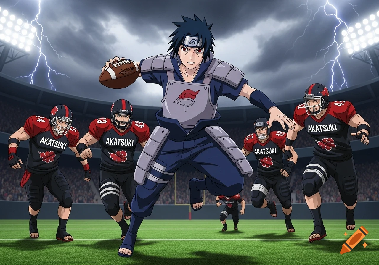 Anime character Sasuke Uchiha in blue armor and sandals runs with a football, surrounded by red and black Akatsuki football players in a stadium with lightning.