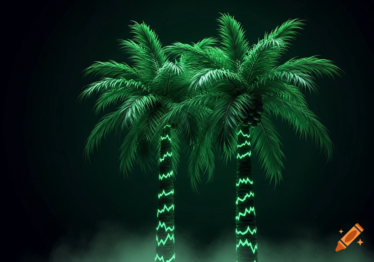 Two palm trees with glowing green neon lights wrapped around their trunks, against a dark, smoky background.