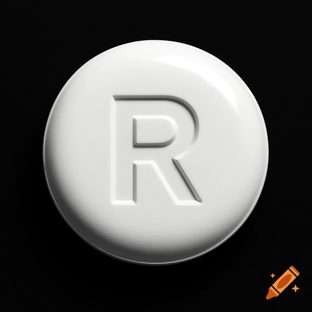 A realistic white round pill with a prominent capital 'R' embossed on its surface, set against a solid black background.