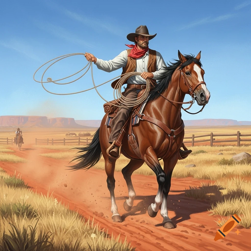A cowboy on a brown horse, holding a lasso, rides on a dusty trail through a dry, Western landscape under a clear blue sky.