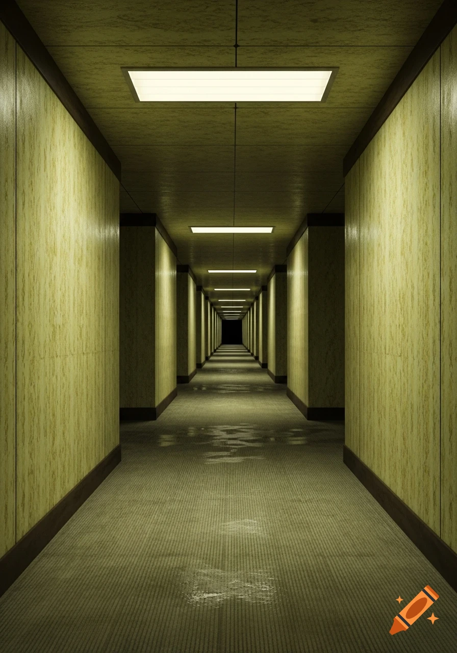 A long, eerily lit hallway with textured yellow walls, fluorescent lights, and wet spots on a carpeted floor, receding into darkness.