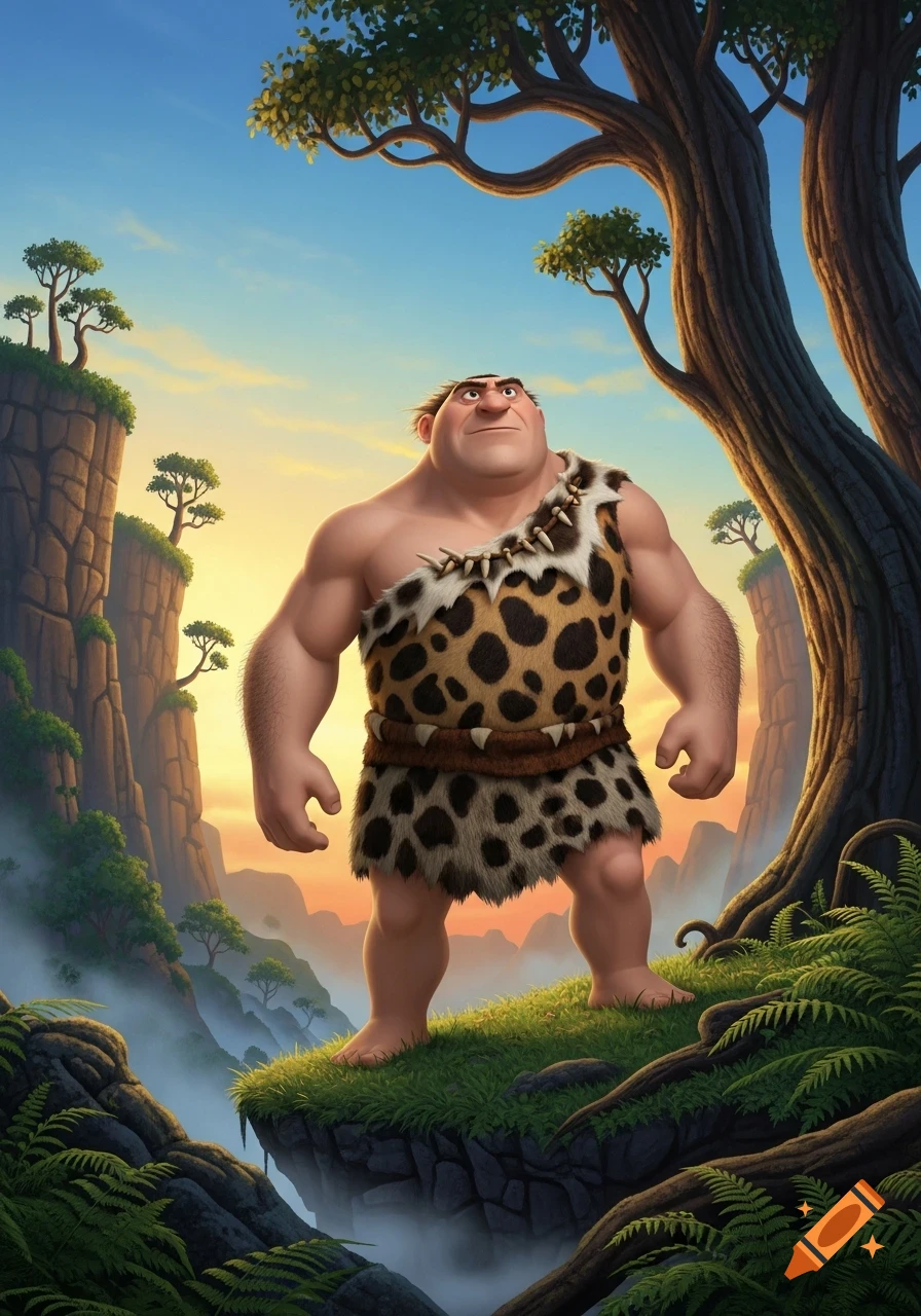 A muscular cartoon caveman, Grug from The Croods, stands on a cliff overlooking a misty, lush prehistoric valley at sunset.