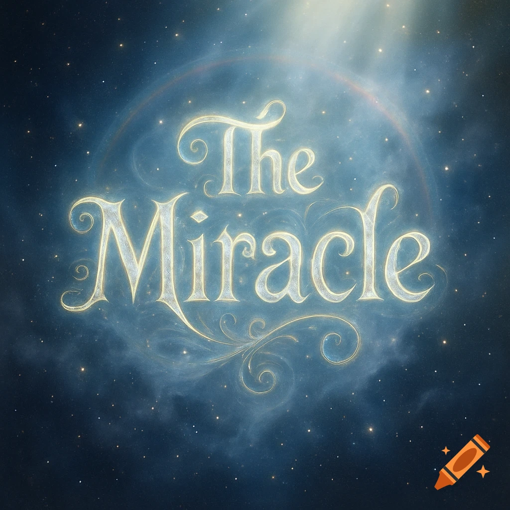 Golden, ornate text spelling 'The Miracle' against a blue starry night sky with glowing clouds and a light ray.