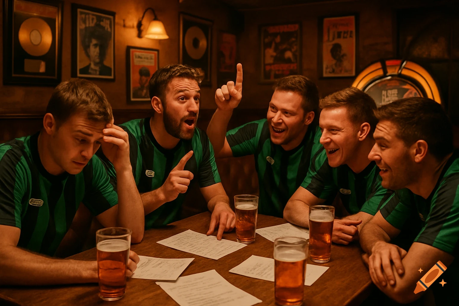 Group of five men in green and black striped shirts participating in a lively pub quiz around a wooden table with beers and papers in a dimly lit pub.