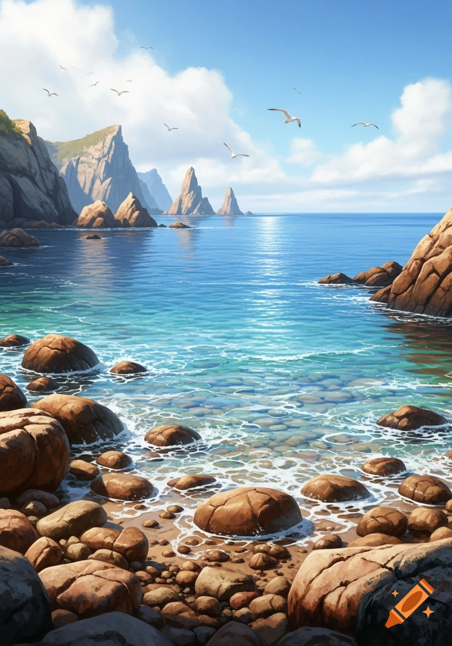 A vibrant, clear ocean scene with a rocky beach and towering cliffs under a bright blue sky with scattered clouds and seagulls.