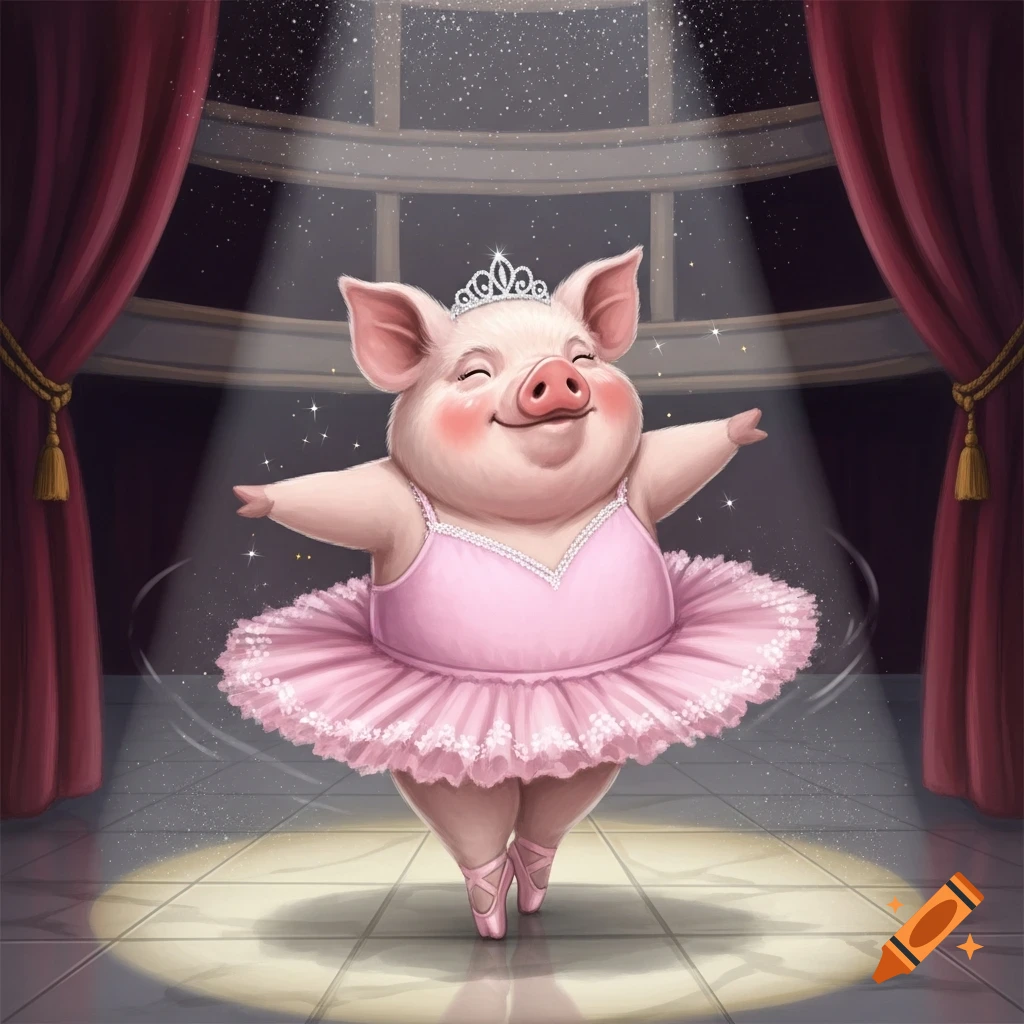 A happy cartoon pig wearing a pink ballet tutu, tiara, and ballet shoes dances in a spotlight on a stage with red curtains.