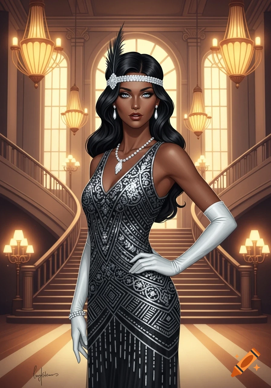 Digital art of a dark-skinned woman in a black and silver flapper dress, long white gloves, and a feathered headband, standing in a grand hall.