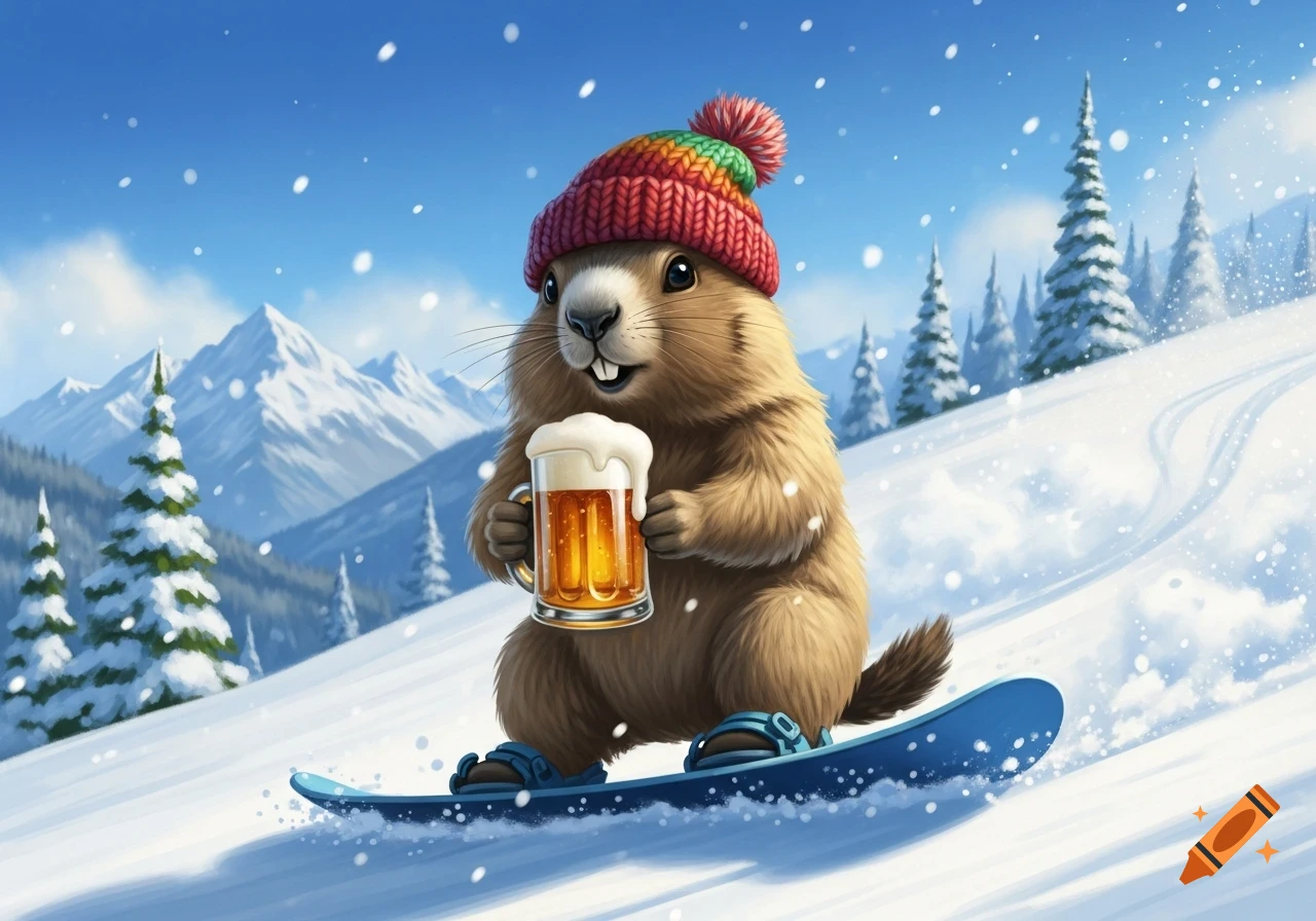 Cartoon marmot with a colorful knit hat snowboarding down a snowy mountain slope, holding a mug of beer.