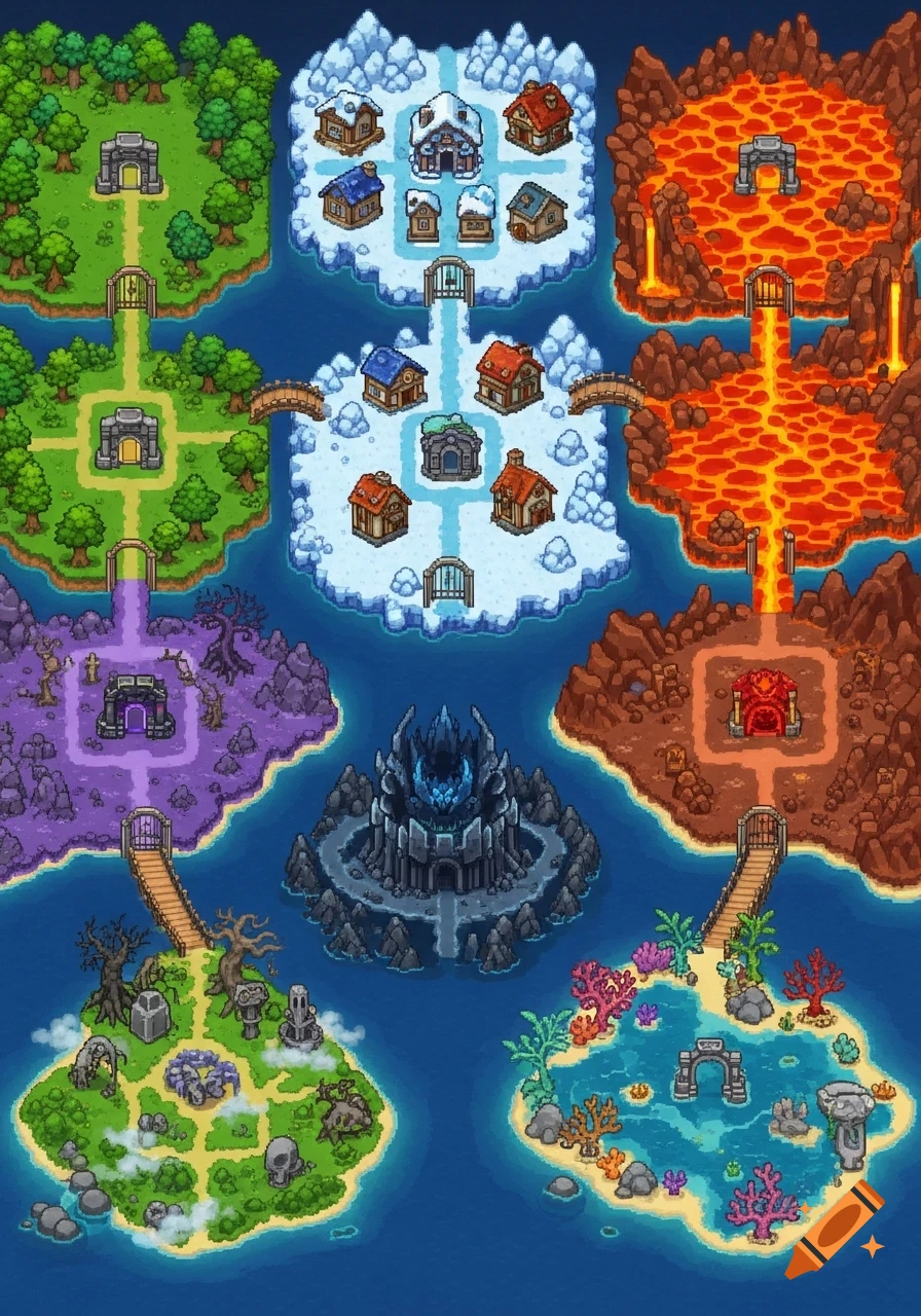 Vibrant pixel art fantasy world map with diverse islands: forests, snowy villages, lava lands, spooky graveyard, coral reef, and a central dark fortress.