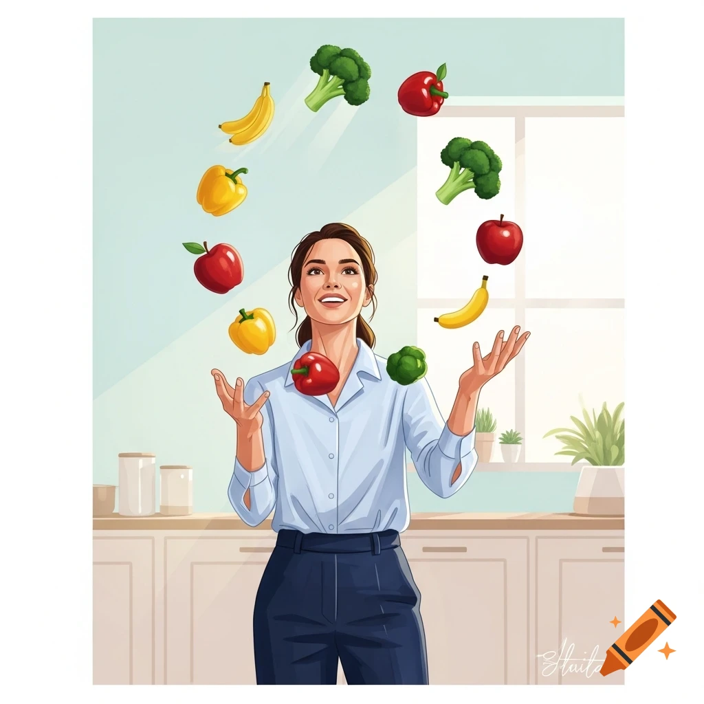 Illustration of a smiling woman in a light blue shirt juggling apples, bananas, broccoli, and bell peppers in a bright kitchen.